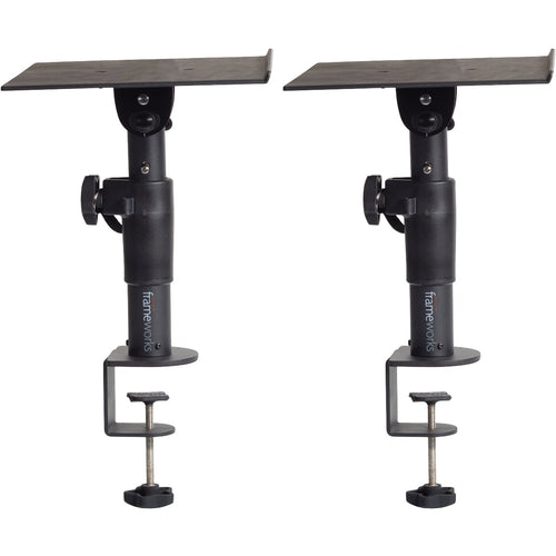 Profile view of pair of Gator Frameworks GFWSPKSTMNDSKCMP Clamp-On Studio Monitor Stands with height adjusted at minimum