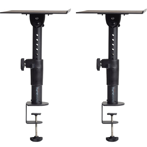 Profile view of pair of Gator Frameworks GFWSPKSTMNDSKCMP Clamp-On Studio Monitor Stands with height adjusted at maximum height