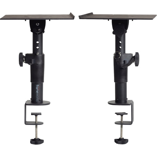 Profile view of pair of Gator Frameworks GFWSPKSTMNDSKCMP Clamp-On Studio Monitor Stands facing each other with height adjusted at medium