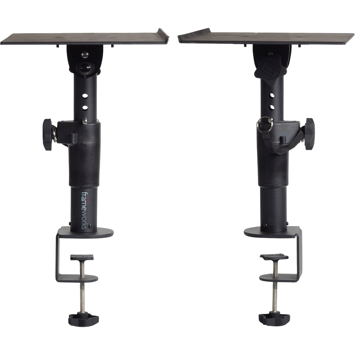 Profile view of pair of Gator Frameworks GFWSPKSTMNDSKCMP Clamp-On Studio Monitor Stands facing each other with height adjusted at medium