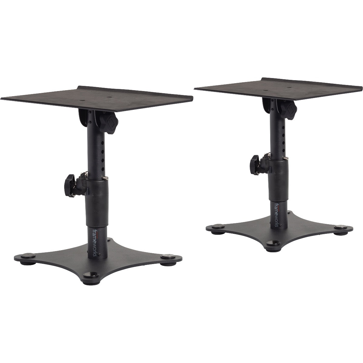 Pair of Gator Frameworks GFWSPKSTMNDSK Desktop Studio Monitor Stands extended to full height with top surfaces flat