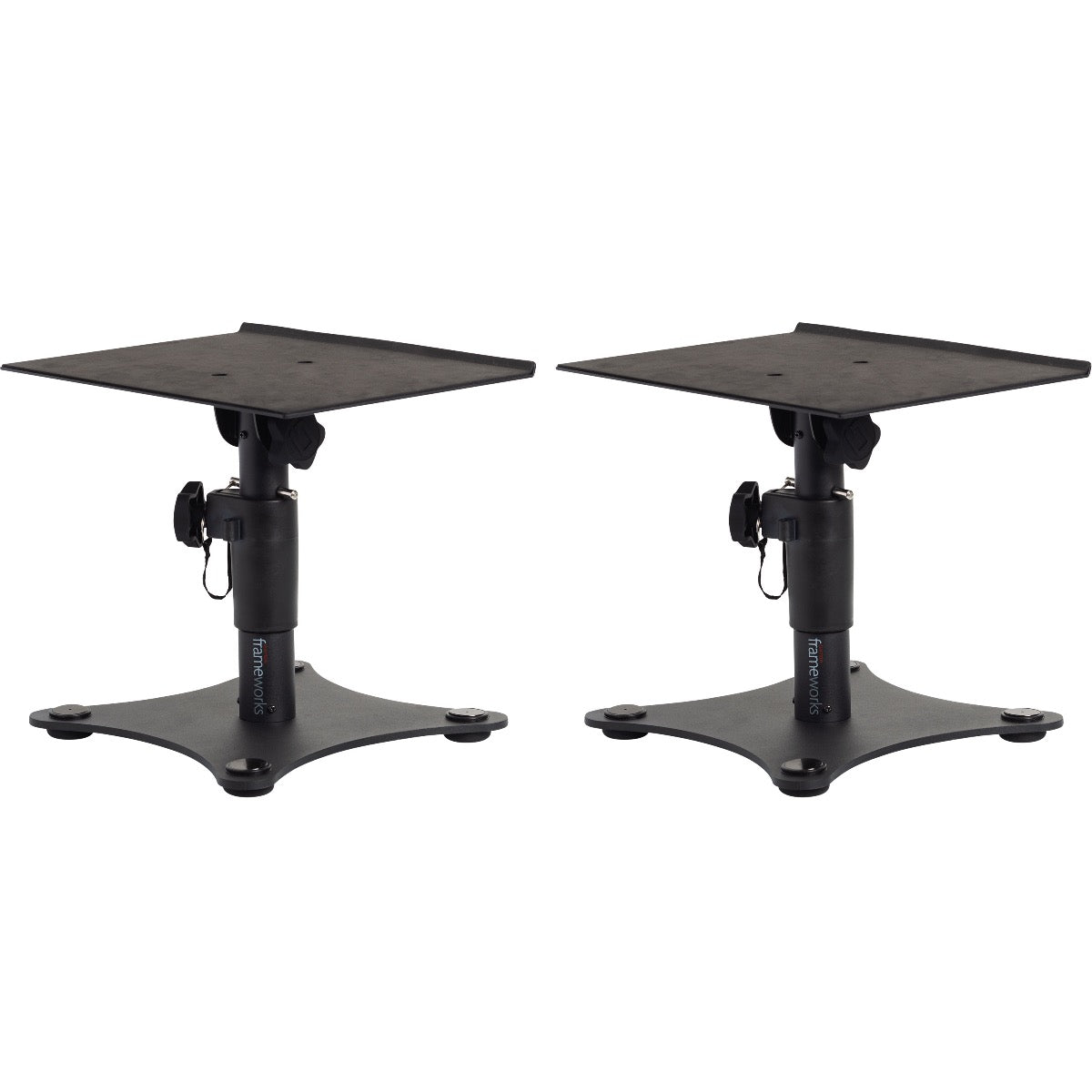 3/4 view of Gator Frameworks GFWSPKSTMNDSK Desktop Studio Monitor Stands at lowest height setting with top surfaces flat