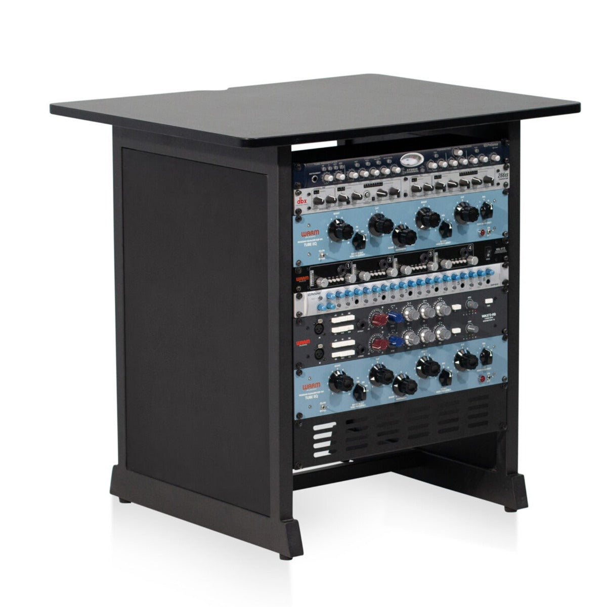Angled image of the 12U rack cabinet filled with  rack gear.  