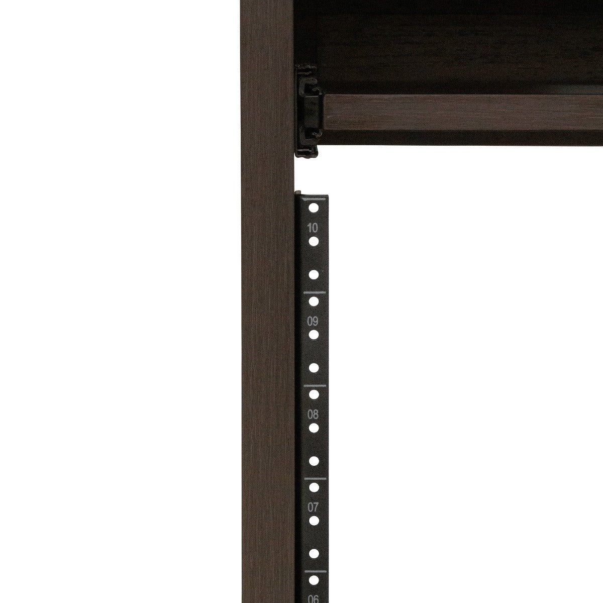 Closeup of the left 10U rack on the Gator Frameworks Elite Series Furniture Desk  - Brown