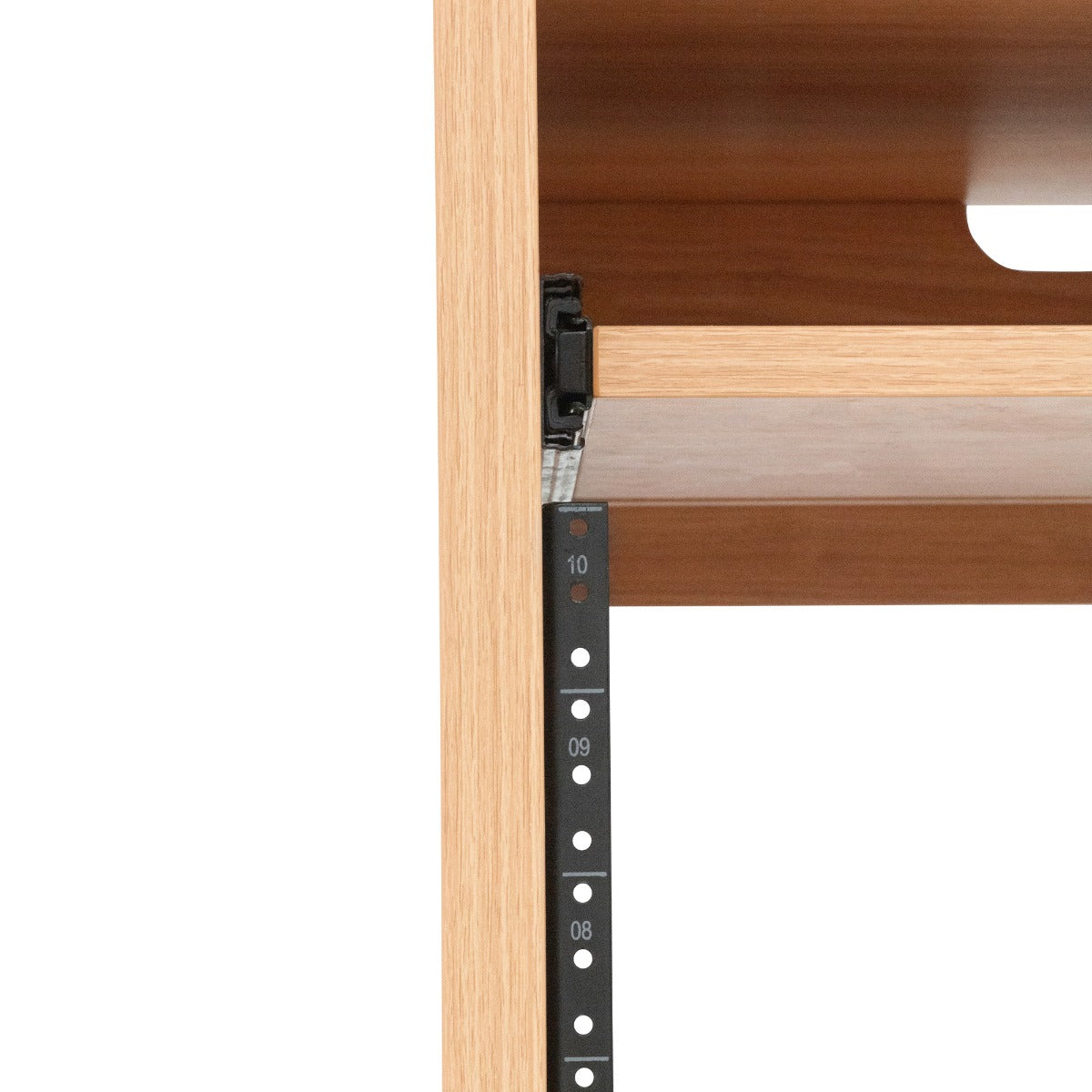 Left side closeup of the 10U rack on the Gator Frameworks Elite Series Furniture Desk - Maple