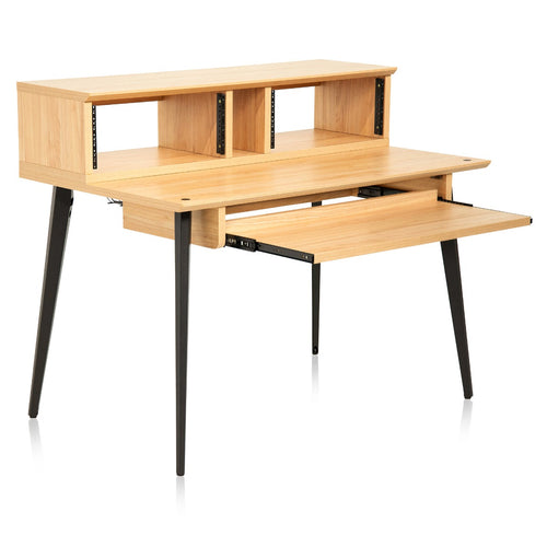Right angled Gator Frameworks Elite Series Furniture Desk - Maple with tray slid out