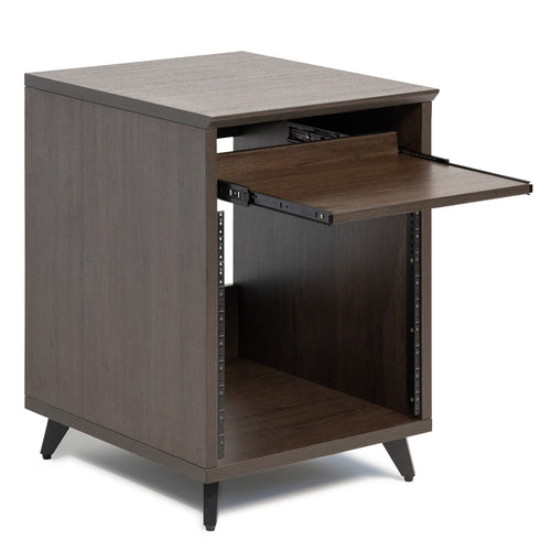 Right angled image of the Gator Frameworks Elite Series Furniture Desk 10U Rack - Brown opened