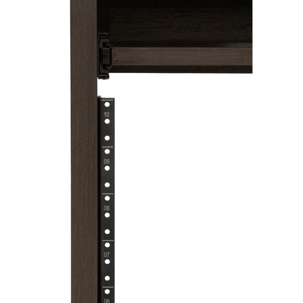 Closeup of the 10U rack inside the Gator Frameworks Elite Series Furniture Desk 10U Rack - Brown