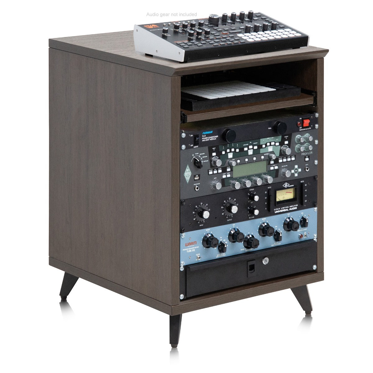 Gator Frameworks Elite Series Furniture Desk 10U Rack - Brown shown in a Right angle with audio gear installed