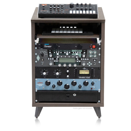 Gator Frameworks Elite Series Furniture Desk 10U Rack - Brown shown with audio gear installed