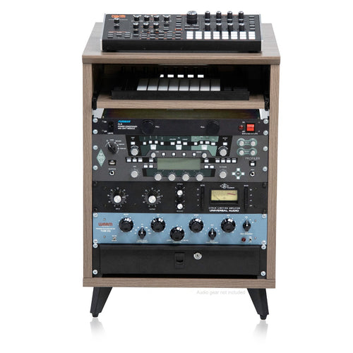 Front image of the Gator Frameworks Elite Series Furniture Desk 10U Rack - Grey with audio gear installed