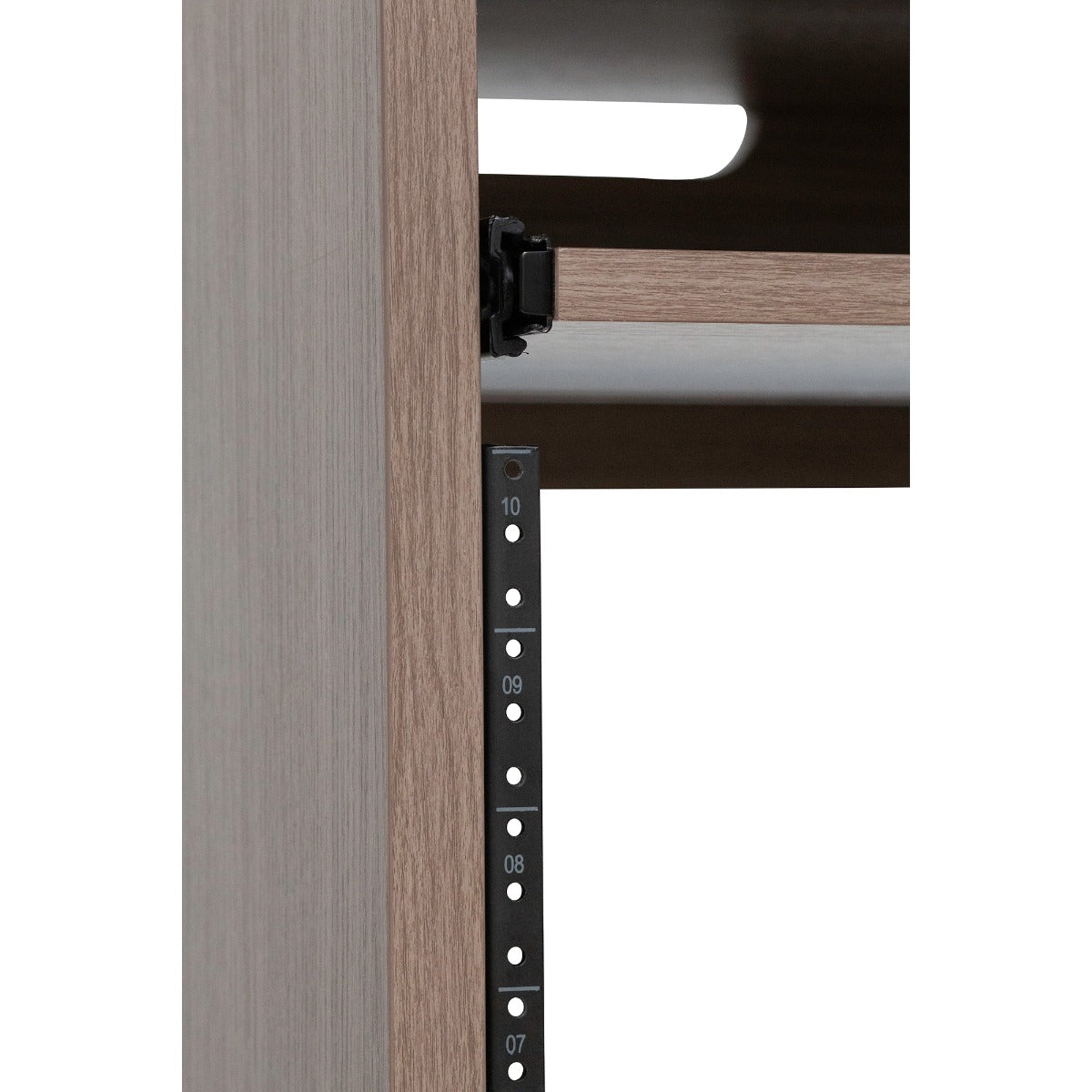 Closeup image of the 10U rack of the Gator Frameworks Elite Series Furniture Desk 10U Rack - Grey