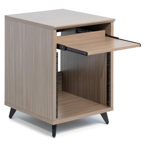 Right angled image of the Gator Frameworks Elite Series Furniture Desk 10U Rack - Grey opened