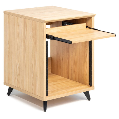Right angled image of the Gator Frameworks Elite Series Furniture Desk 10U Rack - Maple opened