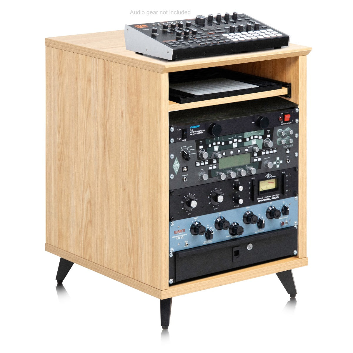 Right angled image of the Gator Frameworks Elite Series Furniture Desk 10U Rack - Maple with audio gear installed