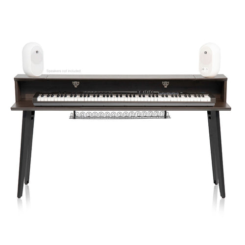 Image of the Gator Frameworks Elite Series Keyboard Furniture 88 Note - Brown with a keyboard an speakers on it
