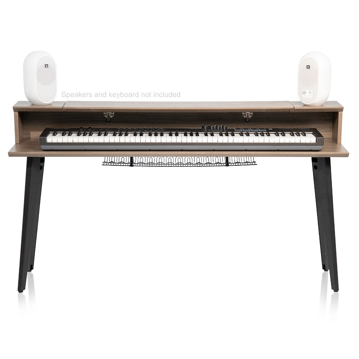 Image of the Gator Frameworks Elite Series Keyboard Furniture 88 Note - Grey with keyboard and speakers on it
