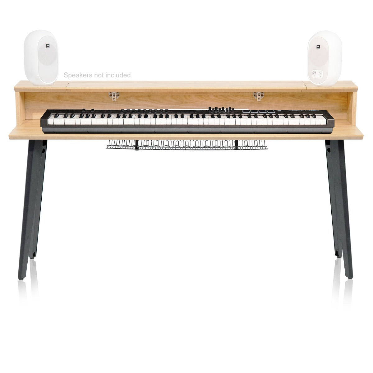 Front image of the Gator Frameworks Elite Series Keyboard Furniture 88 Note - Maple with a keyboard and speakers on it