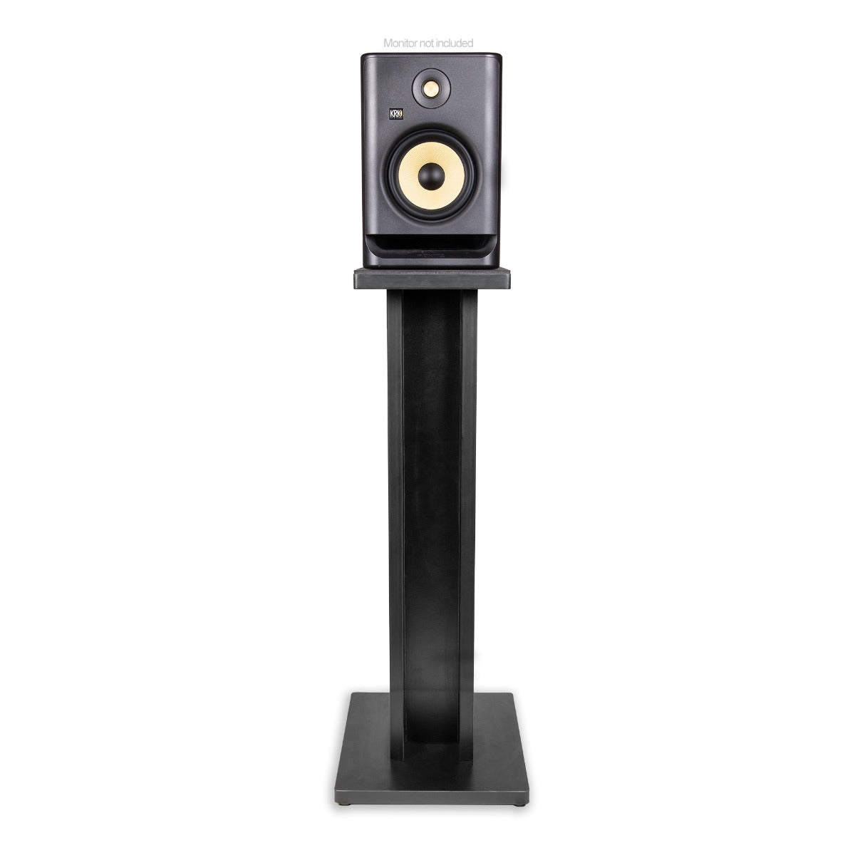 Front perspective of the Gator Frameworks Elite Series Studio Monitor Stand - Black with a monitor on it