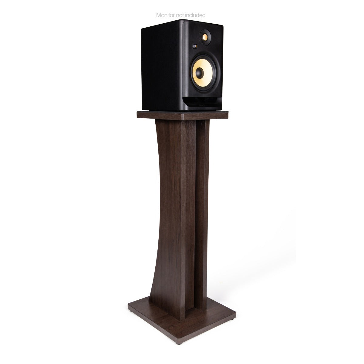 Right angle of the Gator Frameworks Elite Series Studio Monitor Stand - Brown with a monitor on it