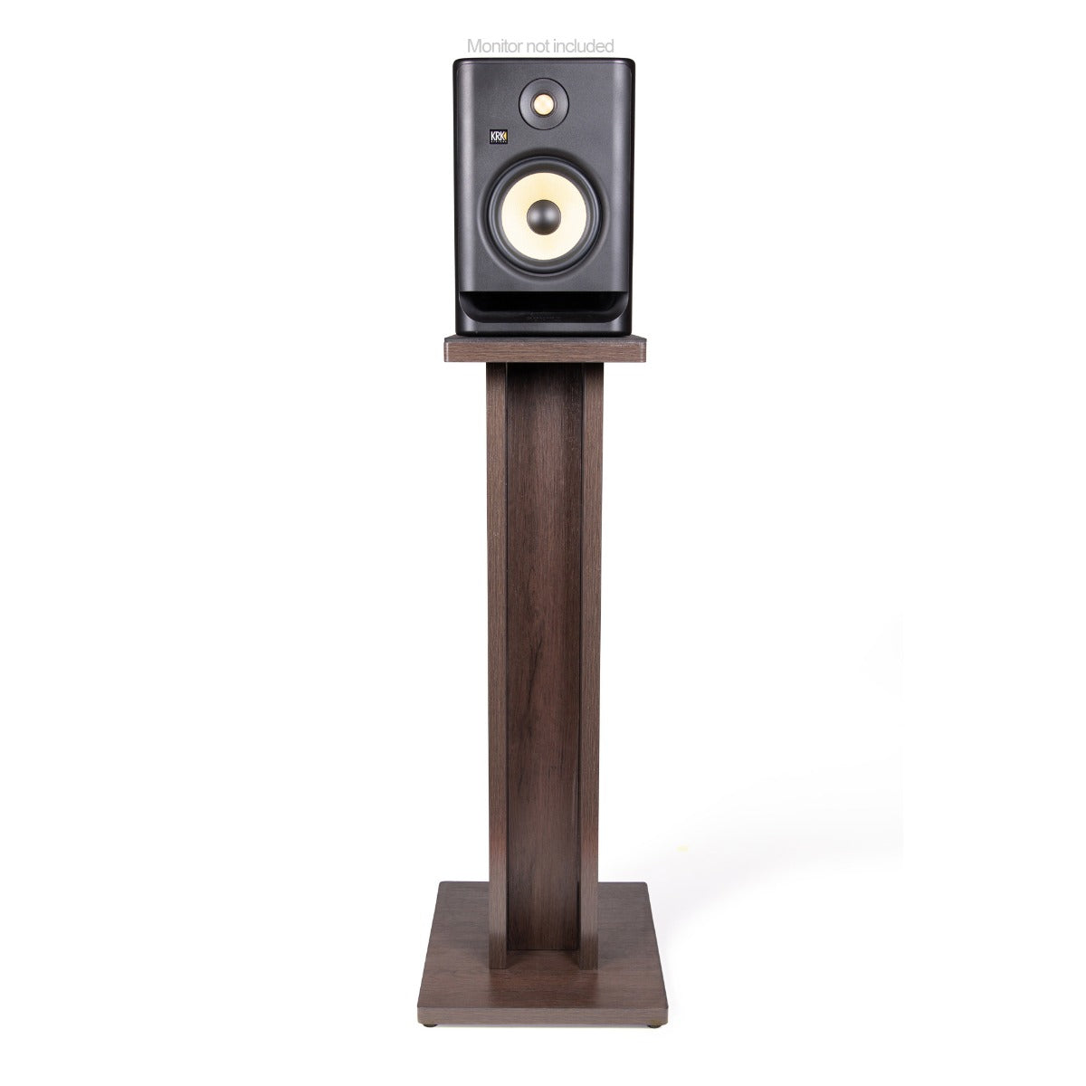 Front view of the Gator Frameworks Elite Series Studio Monitor Stand - Brown with a monitor on it