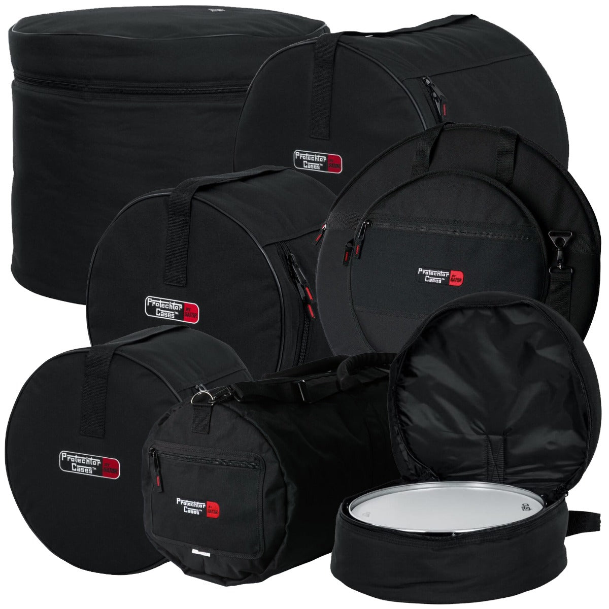 Collage of the components in the Gator Cases 5-Piece Complete Drum Case Set for Roland VAD506, VAD507, and VAD706 bundle