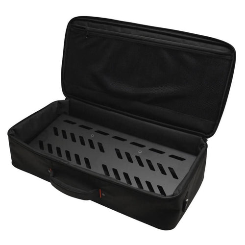 Gator Cases GPB-BAK-1 Aluminum Pedal Board with Carrying Bag - Large, Black displayed with the board inside of the carrying bag