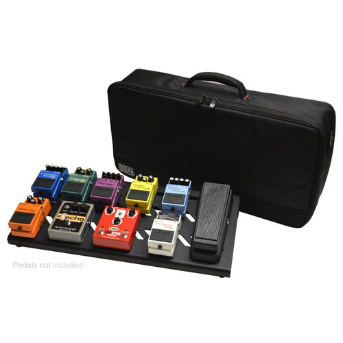 Gator Cases GPB-BAK-1 Aluminum Pedal Board with Carrying Bag - Large, Black displayed with pedal installed on the board