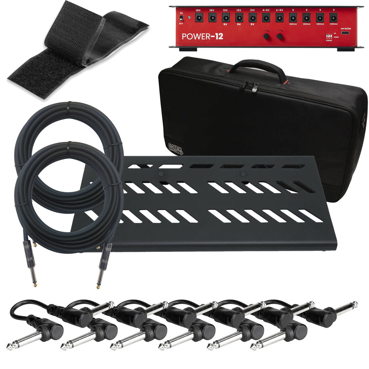 Collage image of the Gator Cases GPB-BAK-1 Aluminum Pedal Board w/ Carry Bag - Large, Black COMPLETE POWER KIT