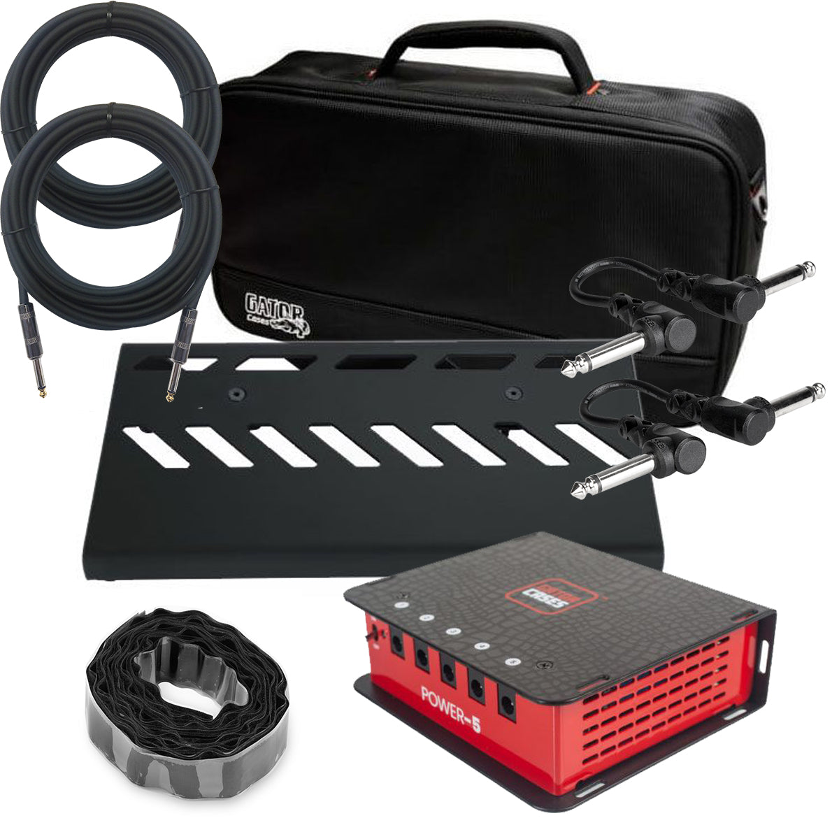 Collage of the components in the Gator Cases GPB-LAK-1 Aluminum Pedal Board w/ Carry Bag - Small, Black POWER KIT bundle