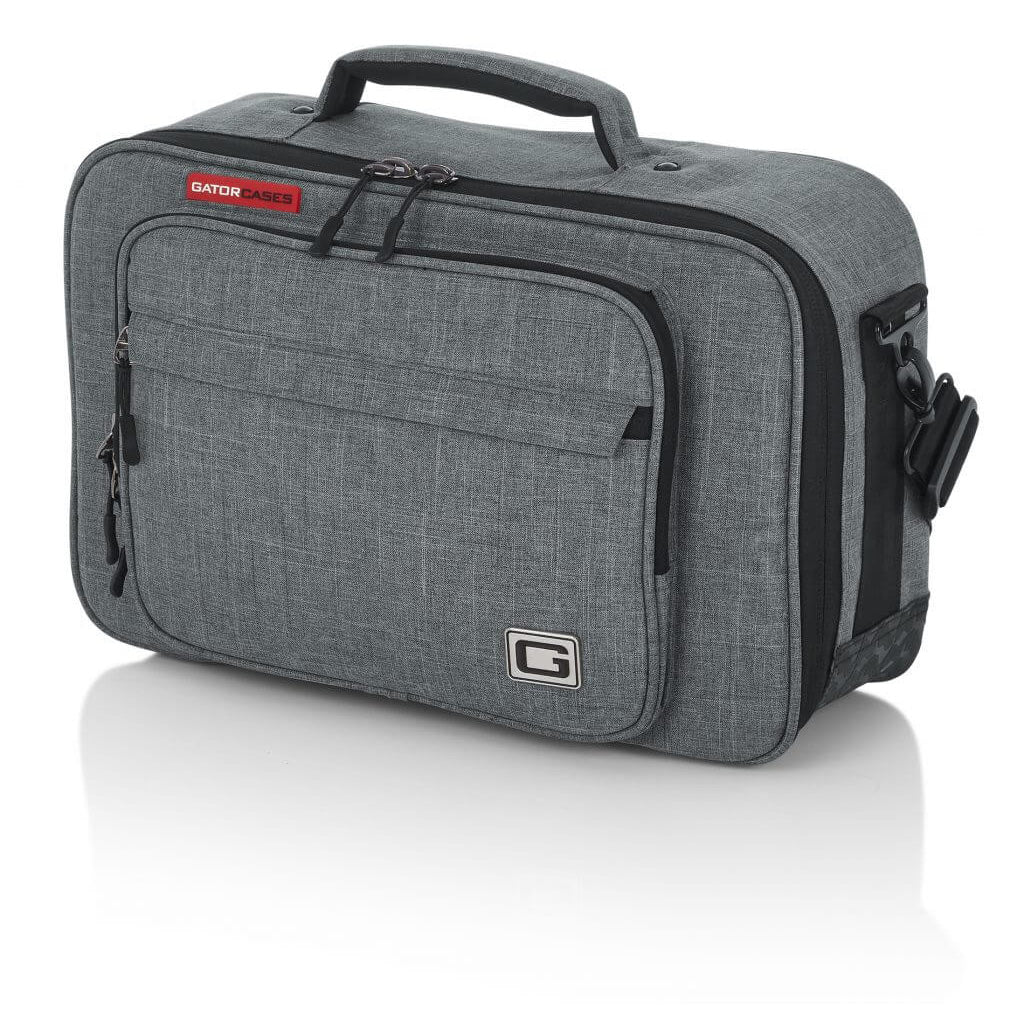 Left angled front of the Gator Cases 16″ X 10″ X 4.5″ Grey Transit Series Accessory Bag