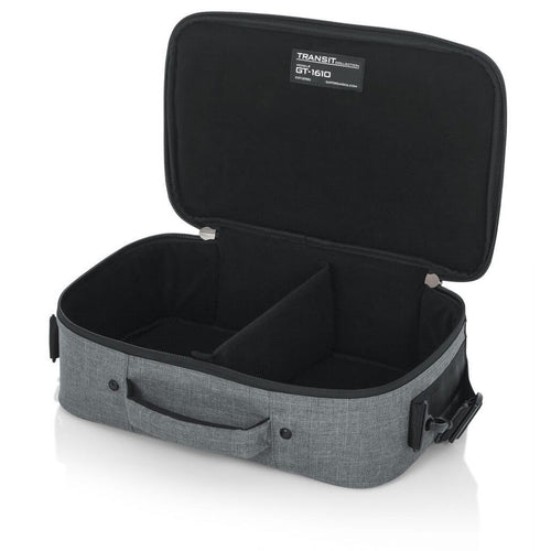 Left angled front of the Gator Cases 16″ X 10″ X 4.5″ Grey Transit Series Accessory Bag with the lid opened