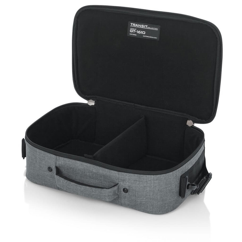 Left angled front of the Gator Cases 16″ X 10″ X 4.5″ Grey Transit Series Accessory Bag with the lid opened