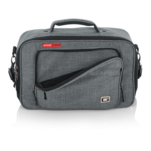 Front of the Gator Cases 16″ X 10″ X 4.5″ Grey Transit Series Accessory Bag with the outer pocket open