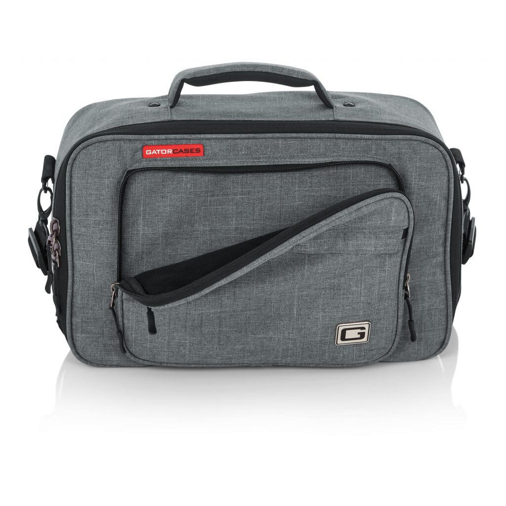 Front of the Gator Cases 16″ X 10″ X 4.5″ Grey Transit Series Accessory Bag with the outer pocket open