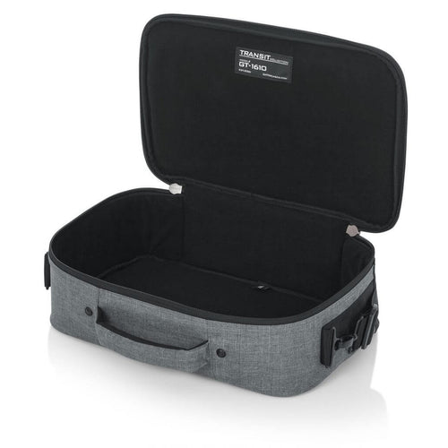 Left angled front of the Gator Cases 16″ X 10″ X 4.5″ Grey Transit Series Accessory Bag with the lid opened and dividers removed