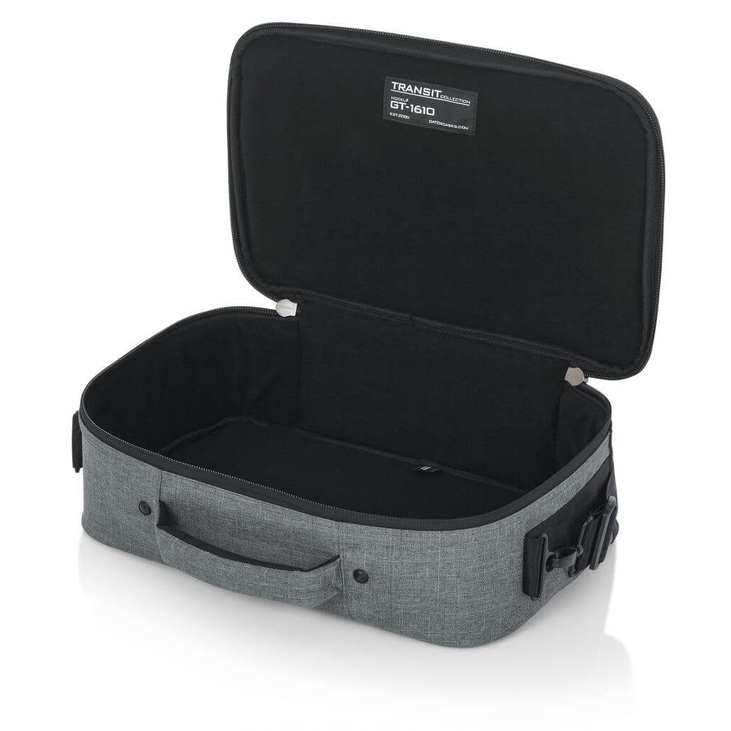 Left angled front of the Gator Cases 16″ X 10″ X 4.5″ Grey Transit Series Accessory Bag with the lid opened and dividers removed