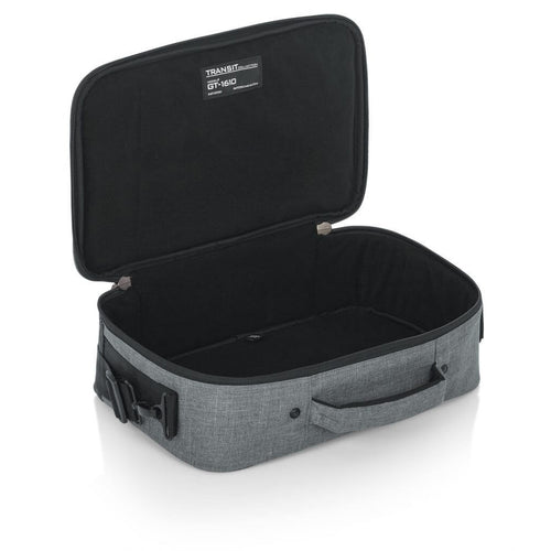 RIght angled front of the Gator Cases 16″ X 10″ X 4.5″ Grey Transit Series Accessory Bag with the lid opened