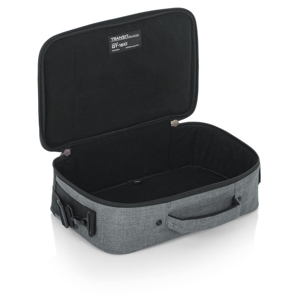 RIght angled front of the Gator Cases 16″ X 10″ X 4.5″ Grey Transit Series Accessory Bag with the lid opened