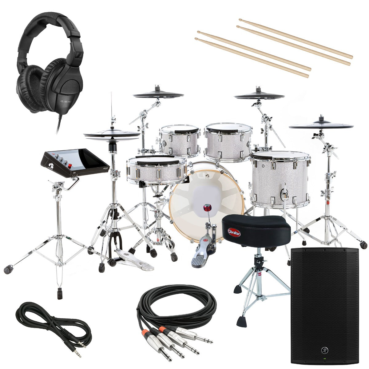 Collage of the 
GEWA G9 Pro 5 SE Electronic Drum Set - Silver Sparkle COMPLETE DRUM BUNDLE
 showing included components