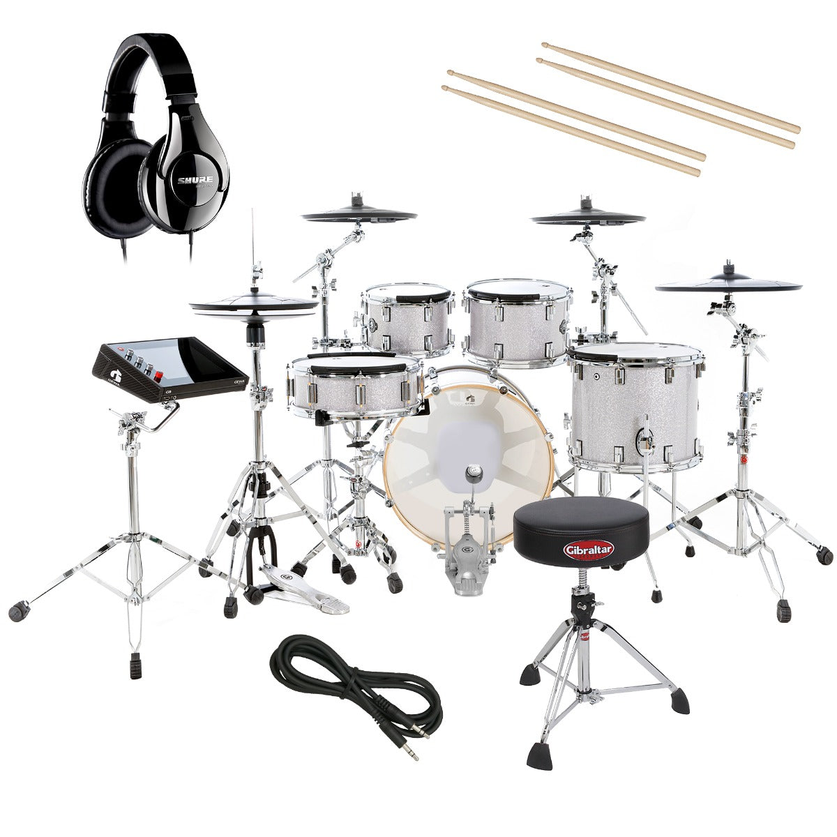 Collage of the GEWA G9 Pro 5 SE Electronic Drum Set - Silver Sparkle DRUM ESSENTIALS BUNDLE showing included components