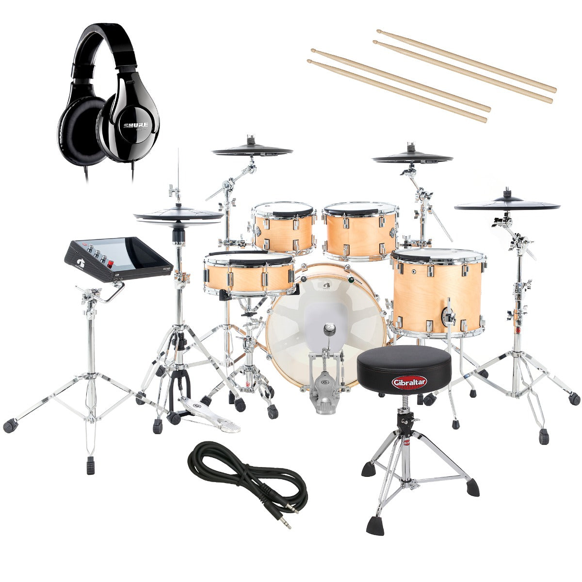 
Collage of the GEWA G9 Pro 5 SE Electronic Drum Set - Satin Natural DRUM ESSENTIALS BUNDLE showing included components