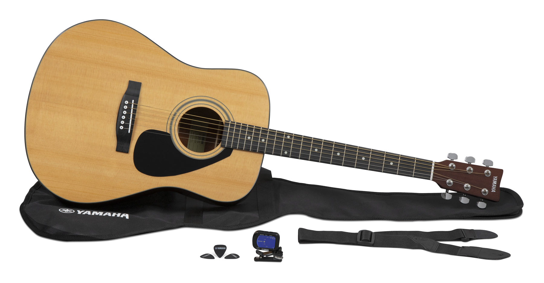 Yamaha Gigmaker Deluxe acoustic guitar package with case, strap, tuner, and picks