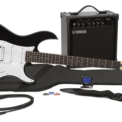yamaha gigmaker electric guitar starter pack in black finish with amplifier, bag, picks, cable, strap, and tuner