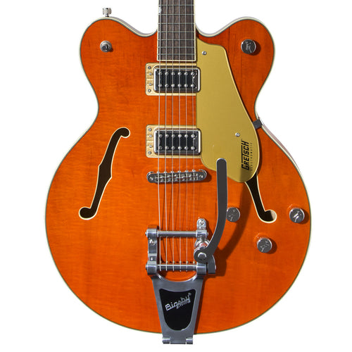 Close-up top view of Gretsch G5622T Electromatic Center Block Guitar - Orange Stain showing body and portion of fretboard