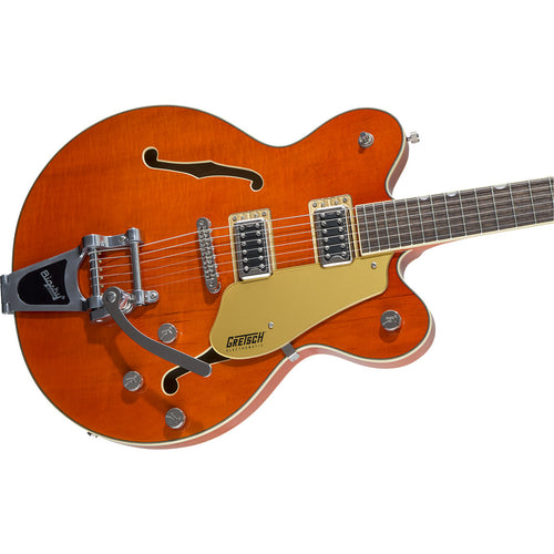 Close-up perspective view of Gretsch G5622T Electromatic Center Block Guitar - Orange Stain showing top and right side of body and portion of fretboard
