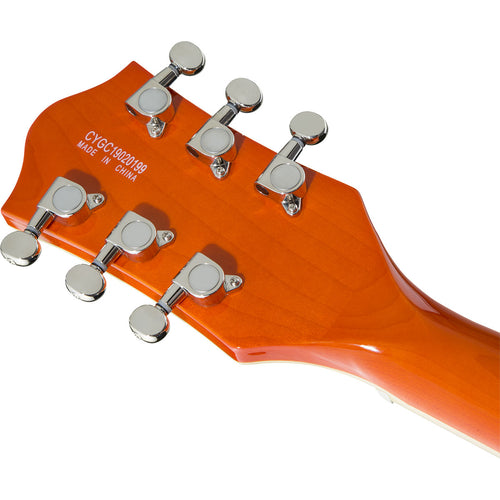 Detail view of Gretsch G5622T Electromatic Center Block Guitar - Orange Stain showing back of headstock and portion of neck