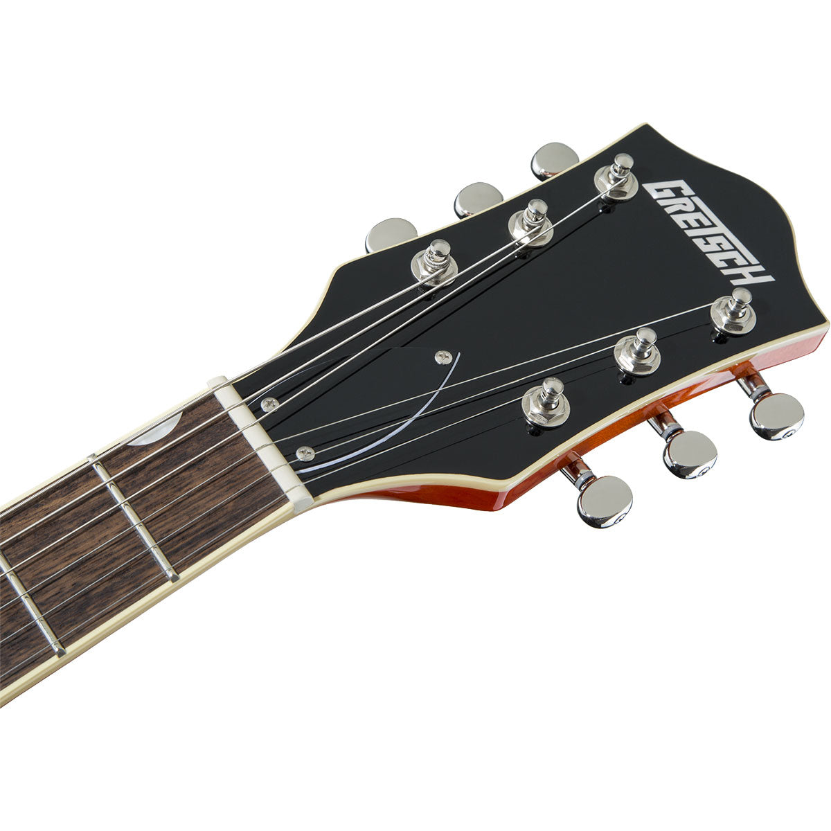 Detail view of Gretsch G5622T Electromatic Center Block Guitar - Orange Stain showing top of headstock and portion of fretboard