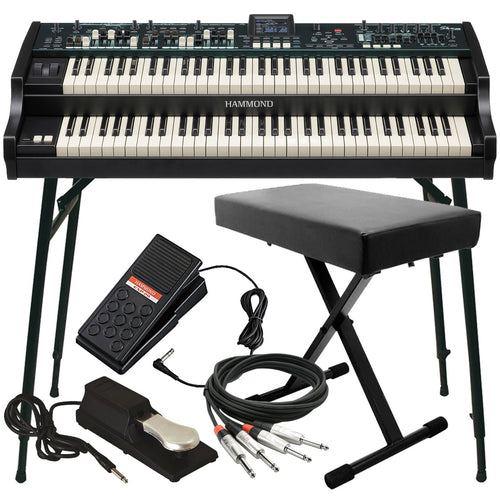 Collage of items included in the Hammond Skx Pro Dual Manual Stage Keyboard KEY ESSENTIALS BUNDLE