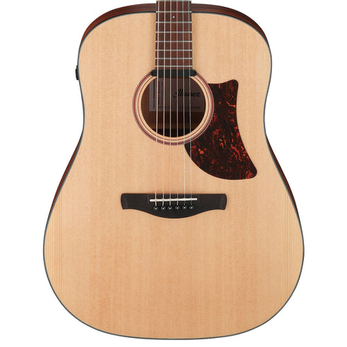 Close-up top view of Ibanez AAD100E Acoustic-Electric Guitar - Open Pore Natural showing body and portion of fingerboard